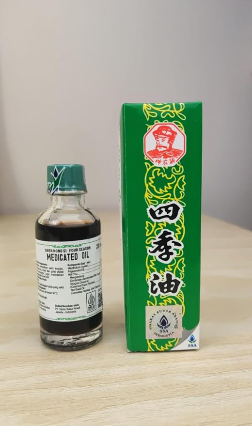 Four Season (Shen Nong Si) Medicated Oil 20 ml, Traditional Asian Therapeutic Massage Oil, Classic Aroma for Cold Relief, Motion Sickness, Breathing, Itchy Skin, Stomach Discomfort, Sore Muscles