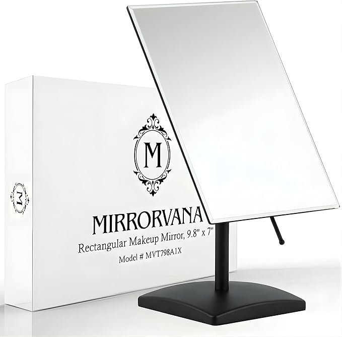 MIRRORVANA Large Table Desk Mirror with Stand for Office Desktop, Makeup Vanity and Bathroom Countertop - Personal Adjustable Face Mirror - 9.8" x 7" (Black)