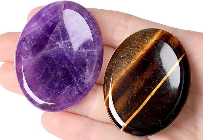 2PCS Worry Stone for Anxiety Tigers Eye Amethyst Healing Crystals Hand Thumb Stones Pocket Gemstones Meditation Accessories Oval Crystal Natural Relax Palm Stone Anxiety Relief Items Stocking Stuffers
