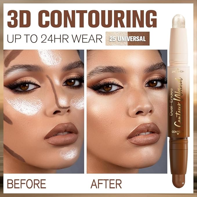 2Pcs Contour Stick Dual Ended Face Body Makeup Waterproof no Transfer, 2 in 1 Cream Concealer Stick Contouring Makeup Kit, Nose Contour Bronzer Sticks Face Highlighter Make up 25#+26#