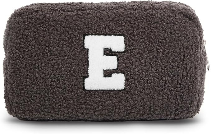 Cute Makeup Bag, Initial Cosmetic Bag, Fuzzy Makeup Bags for Women, Beauty Pouch with Chenille Letter, Personalized Cosmetic Pouch for Travel, Dark Grey E
