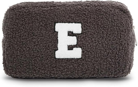 Cute Makeup Bag, Initial Cosmetic Bag, Fuzzy Makeup Bags for Women, Beauty Pouch with Chenille Letter, Personalized Cosmetic Pouch for Travel, Dark Grey E