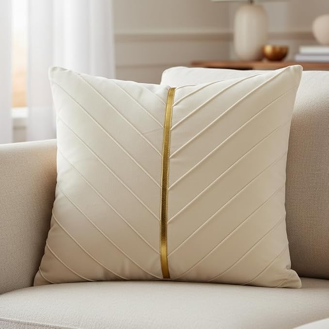 Velvet Throw Pillow Covers 16x16 inch Pack of 2 Gold Decor Cream | Soft Solid Pillow Covers,Modern Luxury Home Decor,for Couch Chair Sofa Bedroom Livingroom,Hidden Zipper,Ideal Gift,Easy Care