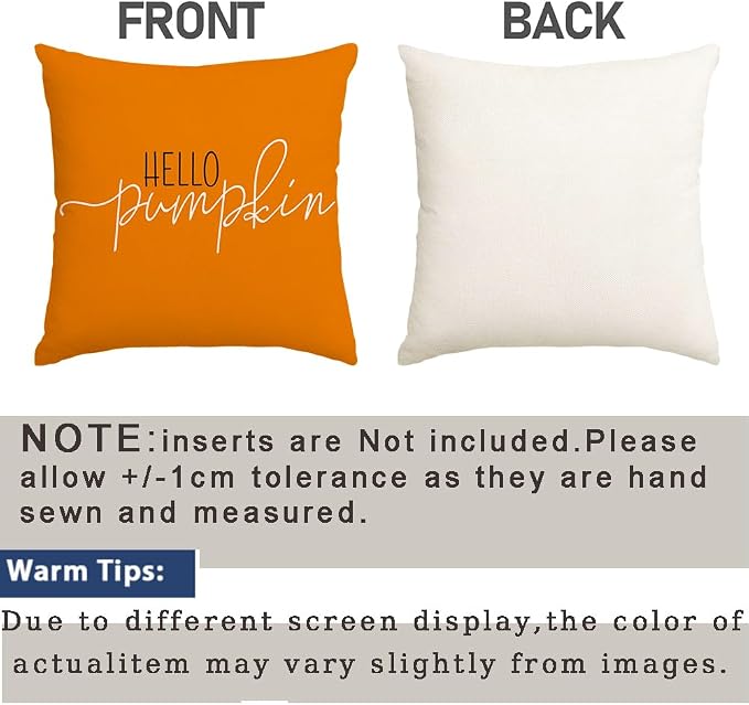 RABUSOFA Fall Pillow Covers 16x16 Inch,Autumn Hello Pumpkin Pillows Decorative Throw Pillows,Outdoor Thanksgiving Cushion Cover Farmhosue Fall Decor for Bedroom Couch Sofa