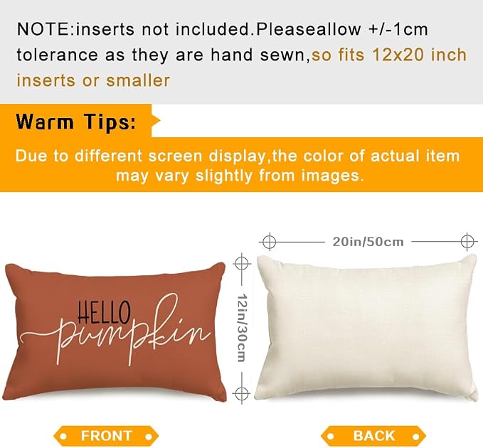 RABUSOFA Fall Pillow Covers 12x20 Inch,Rust Autumn Hello Pumpkin Pillows Decorative Throw Pillows,Lumbar Outdoor Thanksgiving Cushion Cover Farmhosue Fall Decor for Bedroom Couch Sofa