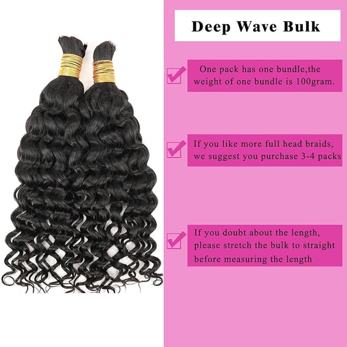 Human Braiding Hair for Boho Braids 22inch Water Wave Bulk Human Hair Extensions for Braiding No Weft Brazilian Virgin Curly Deep Wave Loose Deep Wave Bulk Wet and Wavy 1 Bundle 100g Natural Black