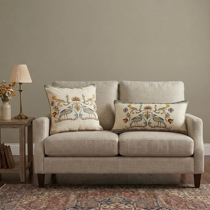 patdrea Vintage Linen Throw Pillow Cover,18"x18",Set of 2-Wensel C | RusticDecorative Pillow Case,Bird and Floral Pattern,Cushion Coverfor Couch Living Room Bedroom Sofa