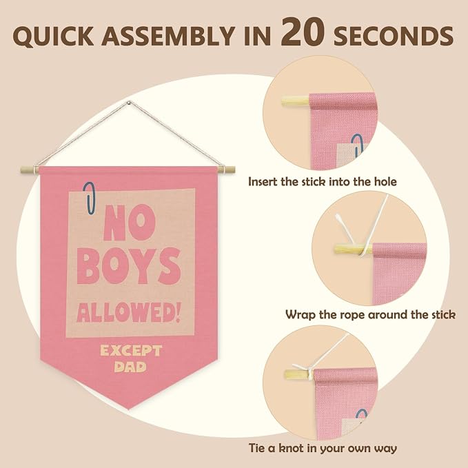 Girls Room Sign Decor Banner,No Boys Allowed Door Sign,Pink Cute Wall Decor for Teen Girls Bedroom Playroom Toddler Little Girl Stuff Wall Hanging Pennant Flag Linen Banner 15x11 Inch