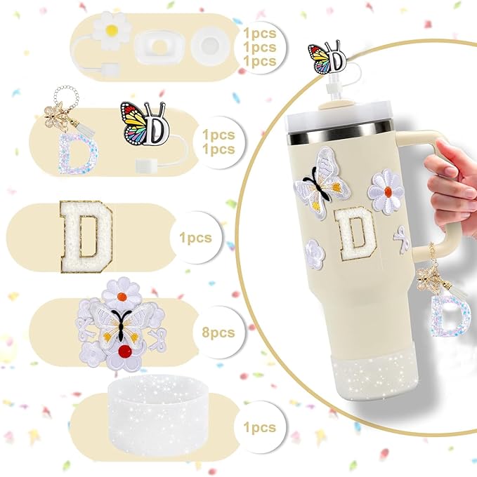 15PCS Cup Accessories Set for Stanley Cup 30oz 40oz Tumbler with Handle, Including Silicone Straw Cover and Boot, Spill Proof Stopper, Stanley Charms, Handle Charm, Initials Sticker