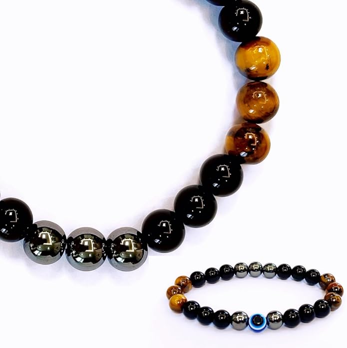 Evil Eye with Hematite Black Obsidian Tiger Eye Stone Triple Protection Bracelets for Men Women, Crystal Healing Stone Bracelet Bring Luck Prosperity and Happiness Jewelry
