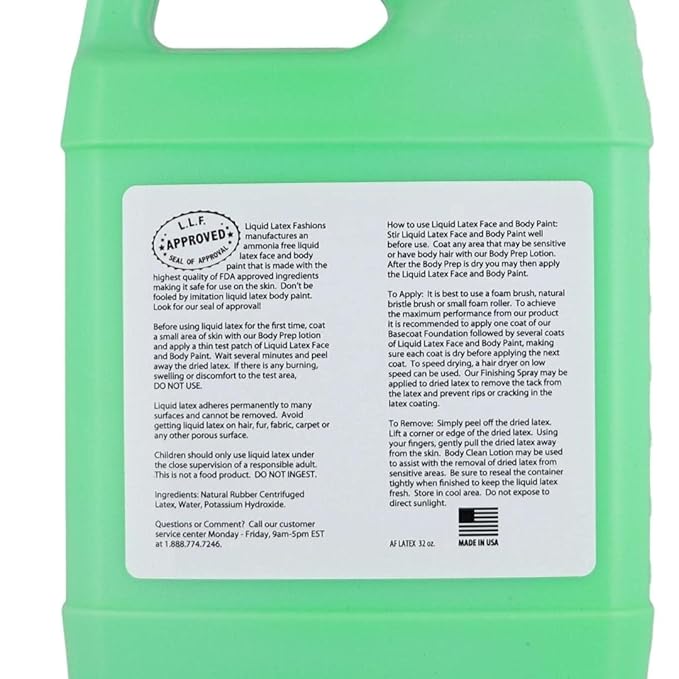 Neon Green Liquid Latex Body and Face Paint, 32 Fl Oz, Ammonia Free, Smudge Free, Easy to Use, Peels Off