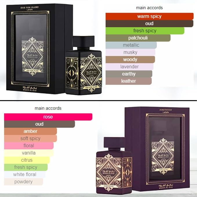 Lattafa Perfumes Bade'e Al Oud 2 Piece Gift Set for Unisex (3.4 Ounce Oud for Glory Eau de Parfum Spray + 3.4 Ounce Amethyst Eau de Parfum Spray)