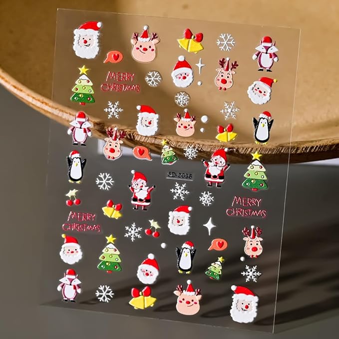 Christmas Nail Stickers for Nail Art, 5D Enbossed Self-AdhesiveTrees Deer Nail Decals, Nail Supplies Nail Art Design Accessories for Women and Girls Manicure DIY Decoration
