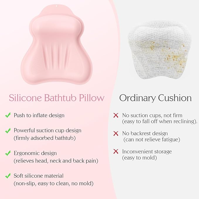 Silicone Bath Pillow, New Material Bath Pillows for Tub Head Neck and Back Support, Bath Tub Pillow with 4D Press Inflatable Airbag and Non-Slip Strong Suction Cups, Quick-Drying, Easy to Store, Pink
