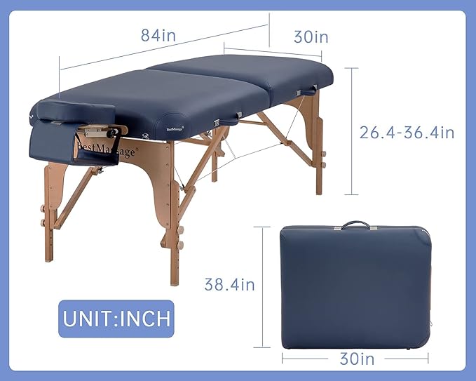 BestMassage Massage Bed Portable Massage Table 72" L*30" W*3.5" THK Lash Bed Height Adjustable 2 Folding PU Leather Spa Table with Oxford Bag for Spa Footmassage Facial CareSpa Tattoo