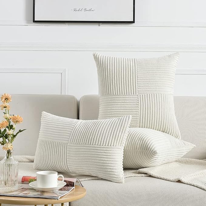 Fancy Homi Cream White Decorative Throw Pillow Covers 20x20 Inch for Living Room Couch Bed Sofa, Farmhouse Boho Home Decor, Soft Corss Corduroy Patchwork Accent Square Cushion Case 50x50 cm