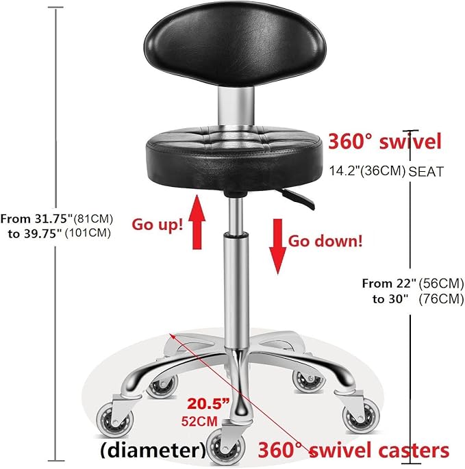 Kaleurrier Swivel Stool Chair Adjustable Height,Heavy Duty Hydraulic Rolling Metal Stool for Kitchen,Salon,Bar,Office,Massage (with Back Rest) (Black)