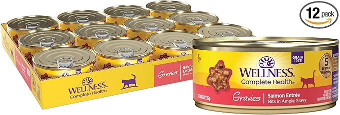 Wellness Complete Health Gravies Adult Canned Wet Cat Food, Natural, Protein Rich, Grain Free, Salmon Entrée Recipe, 5.5 oz, Pack of 12 Cans