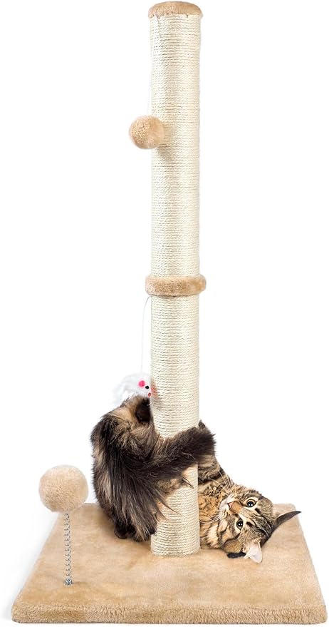 ANWA 32" Tall Sisal Cat Scratching Posts Tree for Indoor Cats Adults, Beige | Sisal Cat Scratcher, Small Space, Cat Post with Dangling Plush Toys for Indoor Cats, 15.7" Stable Base, Cat Furniture