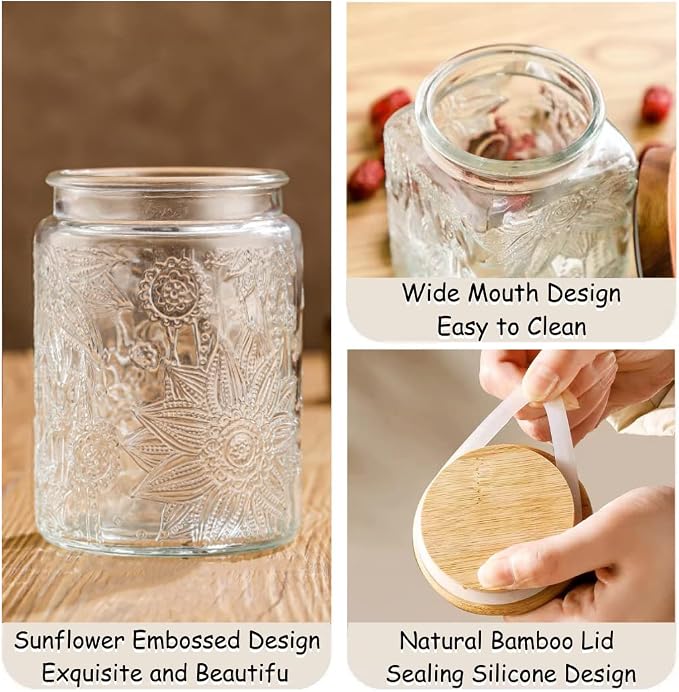 Set of 2 Vintage Glass Storage Jars, Candy Jars with Lids | Coffee Jars, Kitchen Canisters for Coffee Tea Sugar Candy Cookie, Decorative Mason Jars Cute Jars (25.3oz/23.7oz)