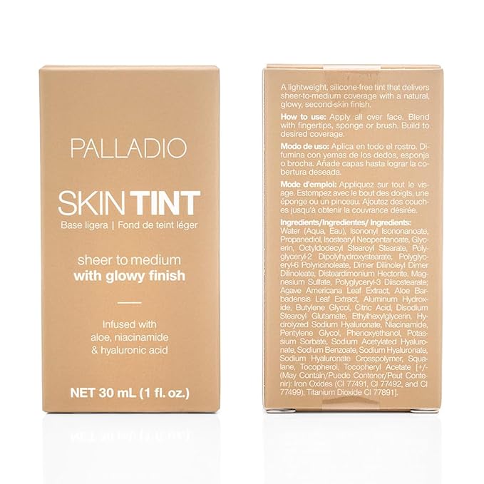 Palladio Skin Tint with Aloe, Niacinamide and Hyaluronic Acid, Sheer to Medium Coverage, Glowy Finish, Brightening and Blurring Lightweight Foundation Makeup (Medium Beige)