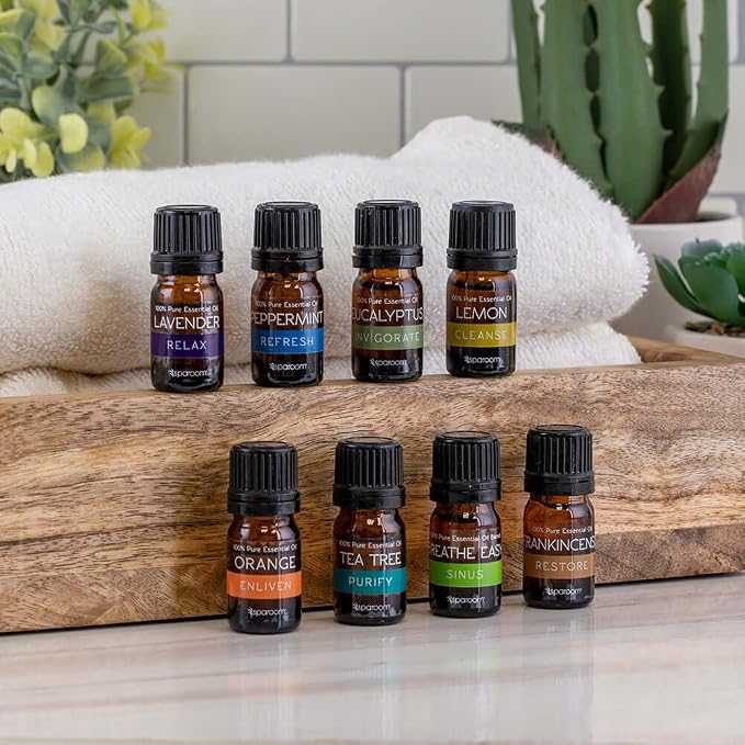 SpaRoom 100% Pure Essential Oils Set; Perfect for Aromatherapy, Diffusers, Humidifiers and Home Care, Gift Set of 8