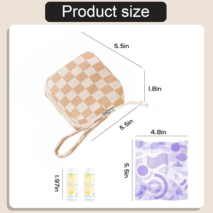 Corduroy Period Pouch for Women, Cute Sanitary Pad Pouch with Zipper, Portable Tampon Holder for Purse, Sanitary Napkin Storage Bag for Travel (Checkered Brown White)