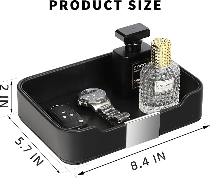 Leather Tray Organizer, Valet Tray Key Tray (Metal Silvered, Black) | Leather Catchall Tray for Entryway Table Desktop Storage, Decorative Tray for Jewelry Keys Wallet Phone Watch