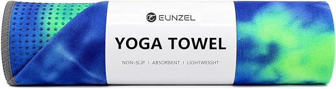 Eunzel Yoga Towel,Hot Yoga Mat Towel with Grip Dots Sweat Absorbent Non-Slip for Hot Yoga, Pilates and Workout 24" x72", Green & Blue
