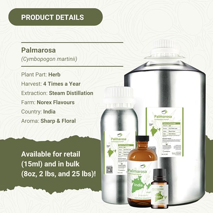 Palmarosa Essential Oil Direct from Norex Flavours India for Skin and Aromatherapy - Aceite de Palmarosa for Candle Scent for Candlemaking and Soaps (8oz)
