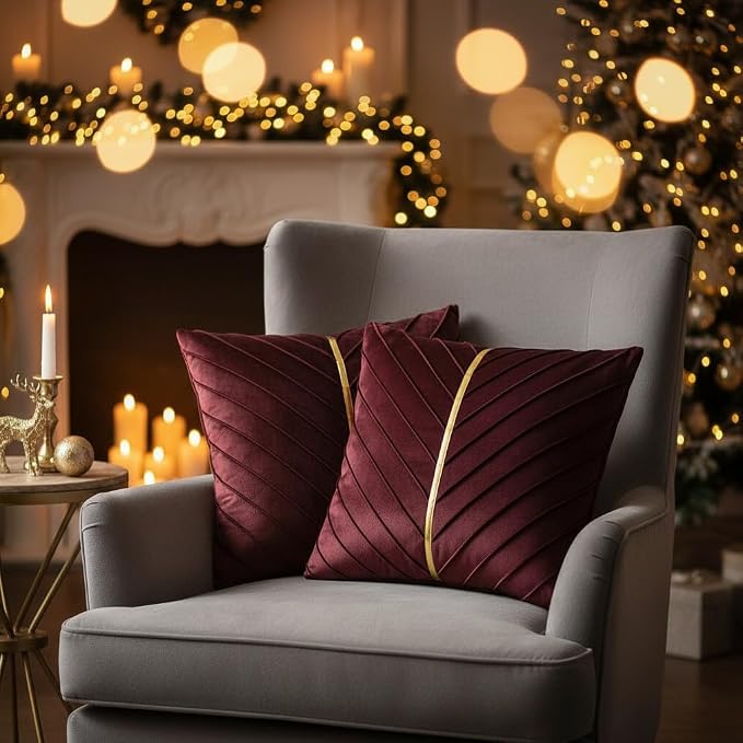 Velvet Throw Pillow Covers 16x16 inch Pack of 2 Gold Decor Burgundy | Soft Solid Pillow Covers,Modern Luxury Home Decor,for Couch Chair Sofa Bedroom Livingroom,Hidden Zipper,Ideal Gift,Easy Care
