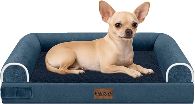 Orthopedic Dog Bed for Small Dogs, 24 x 16 Inch, Navy Blue | Egg crate foam for joint support, 3-sided bolster pet sofa, waterproof lining, washable cover, and non-skid base