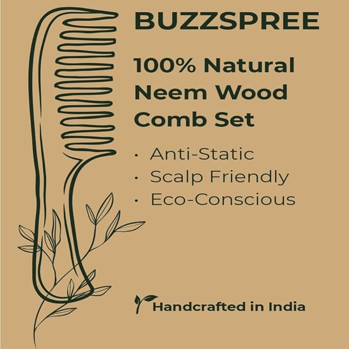 Natural Neem Wood Comb Set of 2 (Plain & Shampoo Lily) | Wide & Fine Tooth Wooden Hair Pick Comb Set for Men & Women | Eco-Friendly, Plastic-Free Wooden Combs for Daily Grooming | Curly & Texted