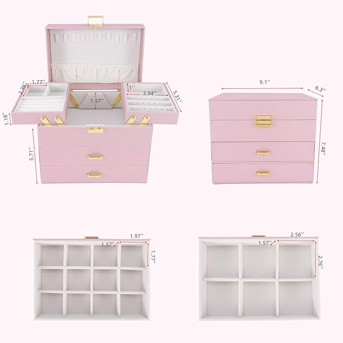 Jewelry Organizer Box, Large Jewelry Boxes for Girls, Space-Saving 4 Layers Jewelry Storage Case with Drawer, Gift for Women, Movable Metal Stand, Modern (Pink+ Gold)