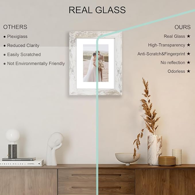 Hongkee 6x8 Picture Frame Set of 4, Made of Real Glass and Multicolour Frame - Display Picture 4x6 with Mat or 6x8 Without Mat, 6 by 8 Photo for Wall or Tabletop
