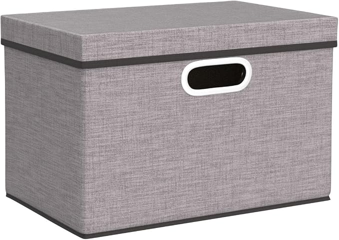 Foldable Storage Boxes with Lids [3-Pack] Linen Fabric Collapsible Storage Bins Organizer Containers Baskets Cube with Cover for Home Bedroom Closet Office Nursery (14.9x9.8x9.8)