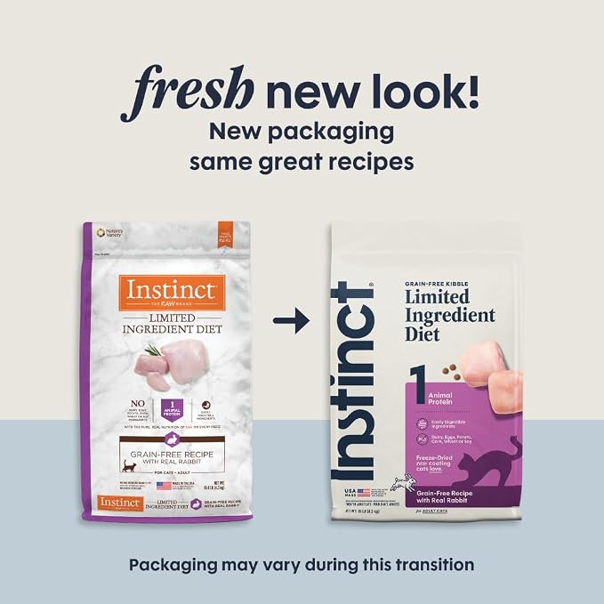 Instinct Limited Ingredient Diet Dry Cat Food, Real Rabbit, 10 lb. Bag | Single animal protein and vegetable recipe, raw-coated kibble, farm-raised rabbit, gentle on sensitive stomachs