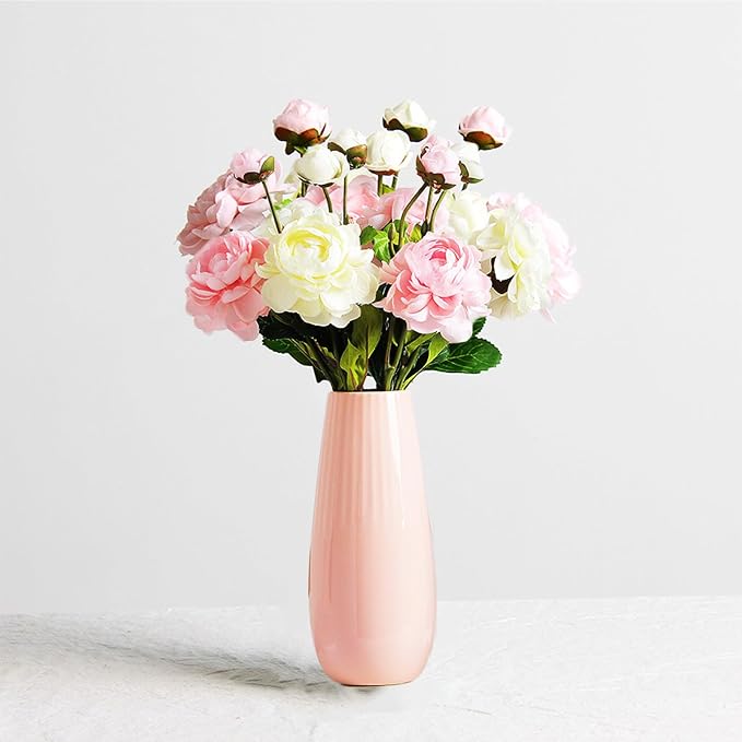 Pink Ceramic Vase, 7.5 Inch Flower Vase with Vertical Stripes for Pampas Calla Lily Tulip, Minimalism Modern Style for Housewarming, Weddings, Birthday, Christmas, Thanksgiving, New Year