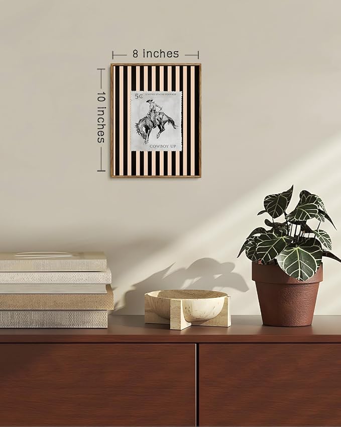 ZZLWBKGL Western Wall Decor Cowboy Canvas Art Vintage Framed Wall Art | Farmhouse Striped Artwork Retro Country West Stamp Picture Bucking Bronco Paintings for Living Room Bedroom 8x10in