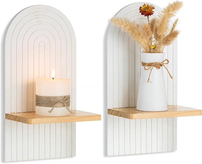 Boho Wall Candle Holder Set of 2 with White Arched 3D Design | Mid-century Candle Sconces, Soild Wood, Modern Minimalist, for Pillar, Plants, Bohemian Art Decor, Beside Fireplace and TV