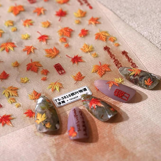 Fall Maple Nail Stickers for Nail Art, 5D Embossed Self-Adhesive Autumn Leaf Nail Decals, Leaves Nail Supplies Nail Art Design Accessories for Women and Girls Manicure DIY Decoration