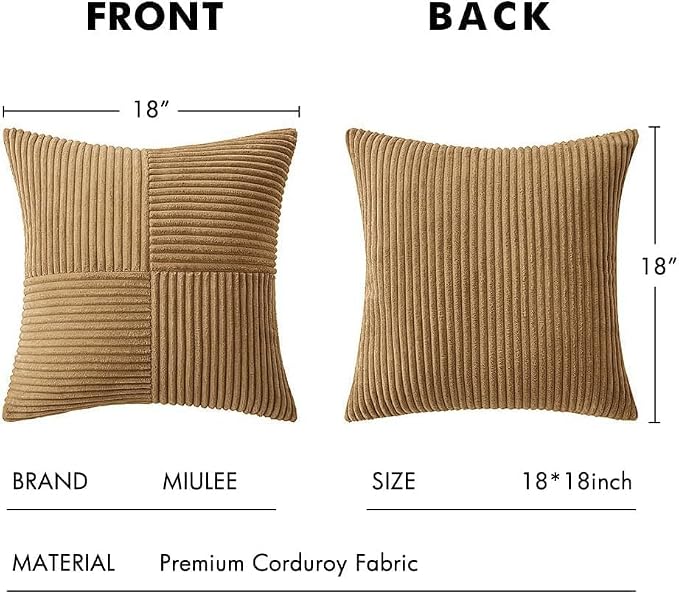 MIULEE Camel Brown Decorative Throw Pillow Covers for Couch 18x18 Inch | 2 Pack, Boho Farmhouse Pillow Covers, Soft Cross Corduroy Patchwork Textured Cushion Cases For Bed Sofa