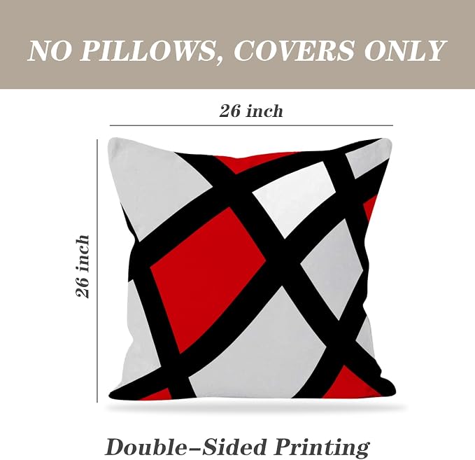Modern Art Geometric Pillow Cover, Decorative Throw Pillow Covers Red Black Abstract Artwork Cushion Cover for Bedroom Sofa Living Room 26 x 26 Inch Set of 2