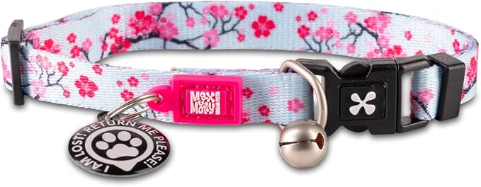 Max & Molly Urban Pets Fun & Pretty Cat Collar w/Jingle Bell, Breakaway Safety Buckle, Adjustable Sizing & Smart ID Personalized Tag for Girl or Boy Cats/Kittens, Cherry Bloom Design (197021)