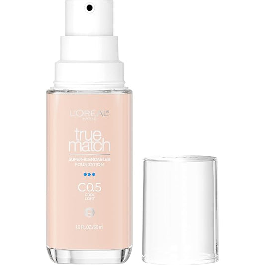 L'Oreal Paris True Match Super-Blendable Foundation, Medium Coverage Liquid Foundation Makeup, C0.5, Light, 1 Fl Oz