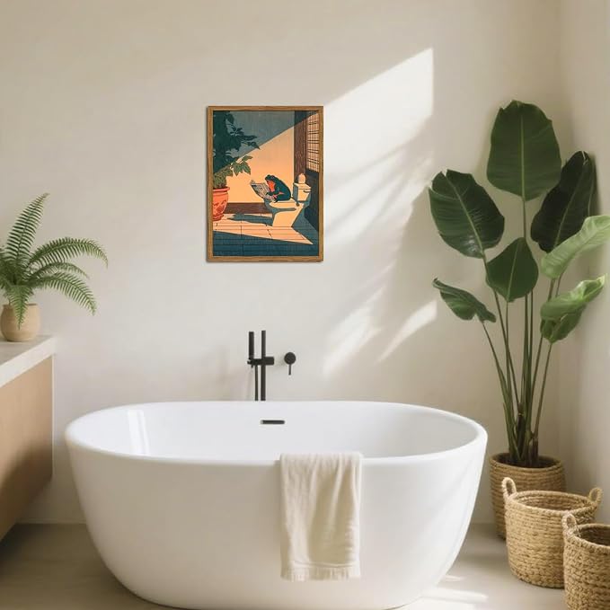 Funny Frog Bathroom Wall Art, Cute Japanese Frog in Toilet Wall Decor, Whimsical Green Animal Restroom Poster Canvas Painting Prints Artwork 16x24 inch Framed