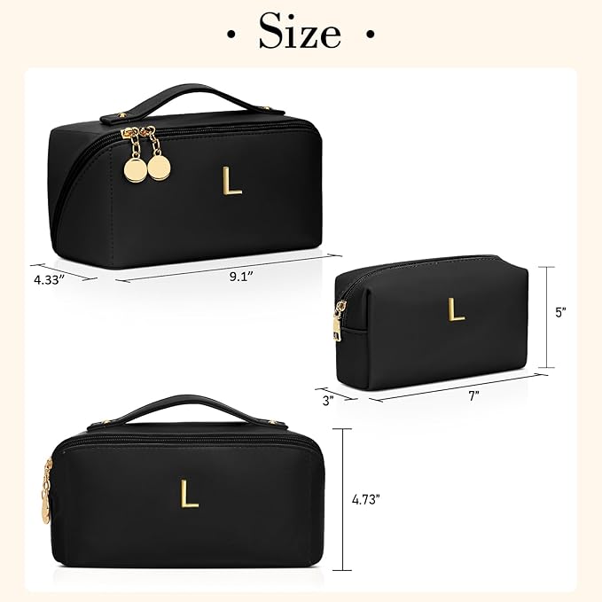Birthday Gifts for Women Teen Girl, Personalized Initial Makeup Organizer Bag Set, Open Flat Travel Cosmetic Bag With Clear Divider and Handle(Black,L)