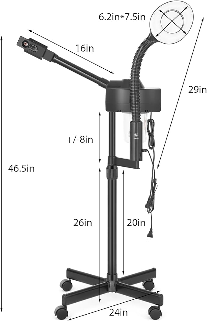 Professional Facial Steamer 2 in1 Steamer for Face 5X LED Magnifying Lamp Hot Ozone Facial Steamer for Esthetician Beauty Face Equipment Use at Home or Salon（Black）