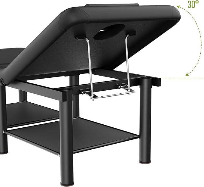 Folding Stationary Massage Table with Backrest and Storage Space for Treatment Table Physical Therapy Table Spa Facial Bed, 6 Round Legs Metal Frame PU Leather, 30.5'' Wide × 75'' Long - Black