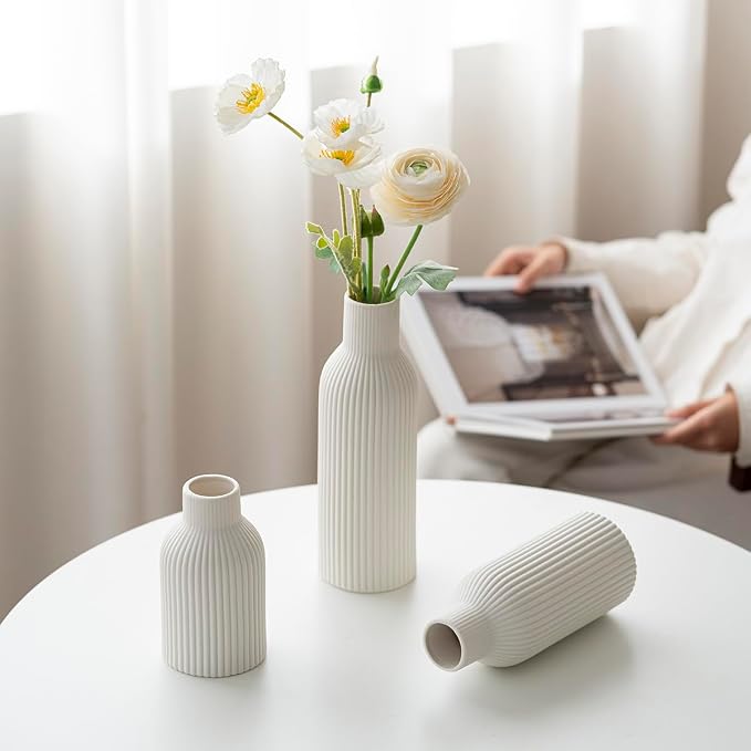 Modern Ceramic Vases Set of 3, White Ribbed Decorative Vases, Shelf Table Centerpiece for Home Decor, Birthday Gifts for Women, Mom, Grandma Decorative (White)
